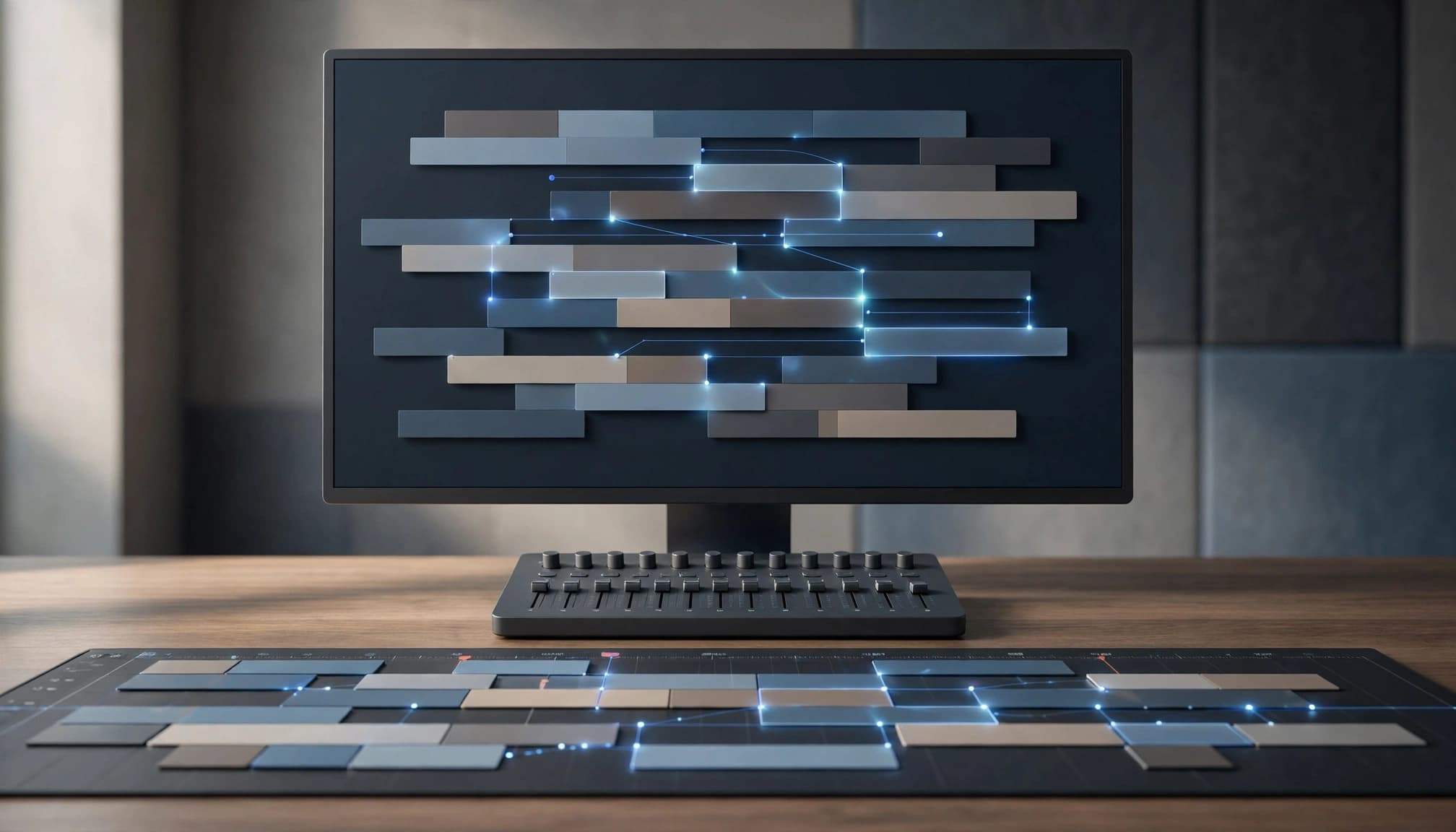 A modern computer monitor displaying an abstract video editing timeline with glowing blue connector lines.