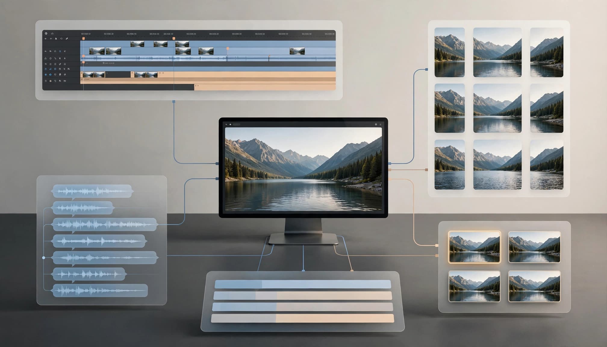A central monitor displaying a landscape video with surrounding floating panels showing editing workflows.