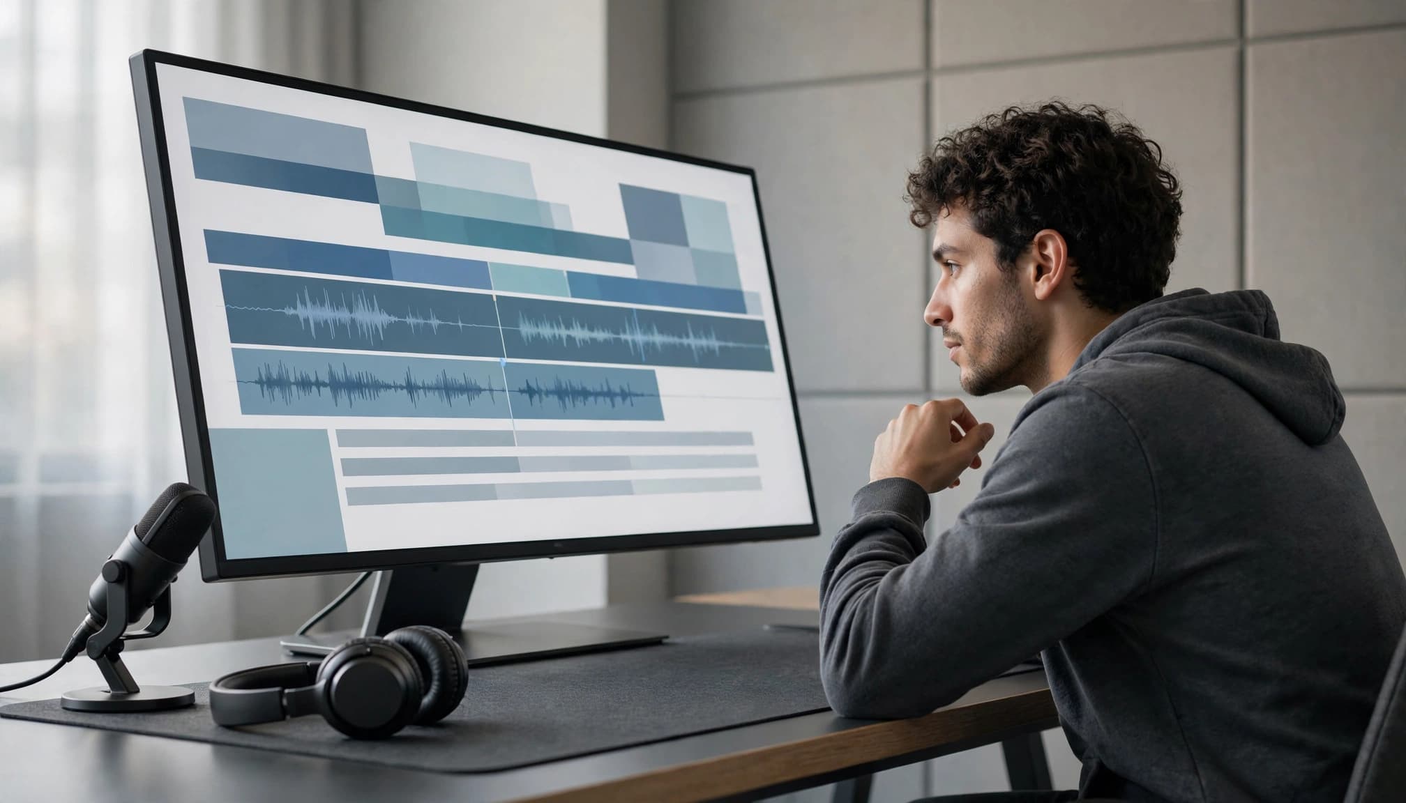 A person with curly hair reviews a video editing timeline on a large monitor.