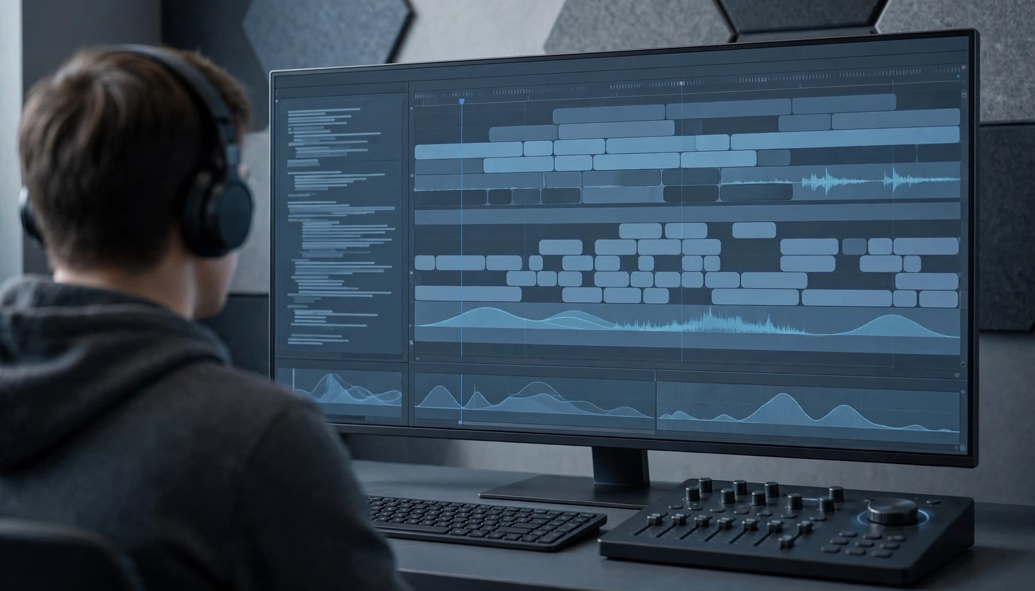 An over-the-shoulder view of a video editor working at a desk with a large editing timeline monitor.