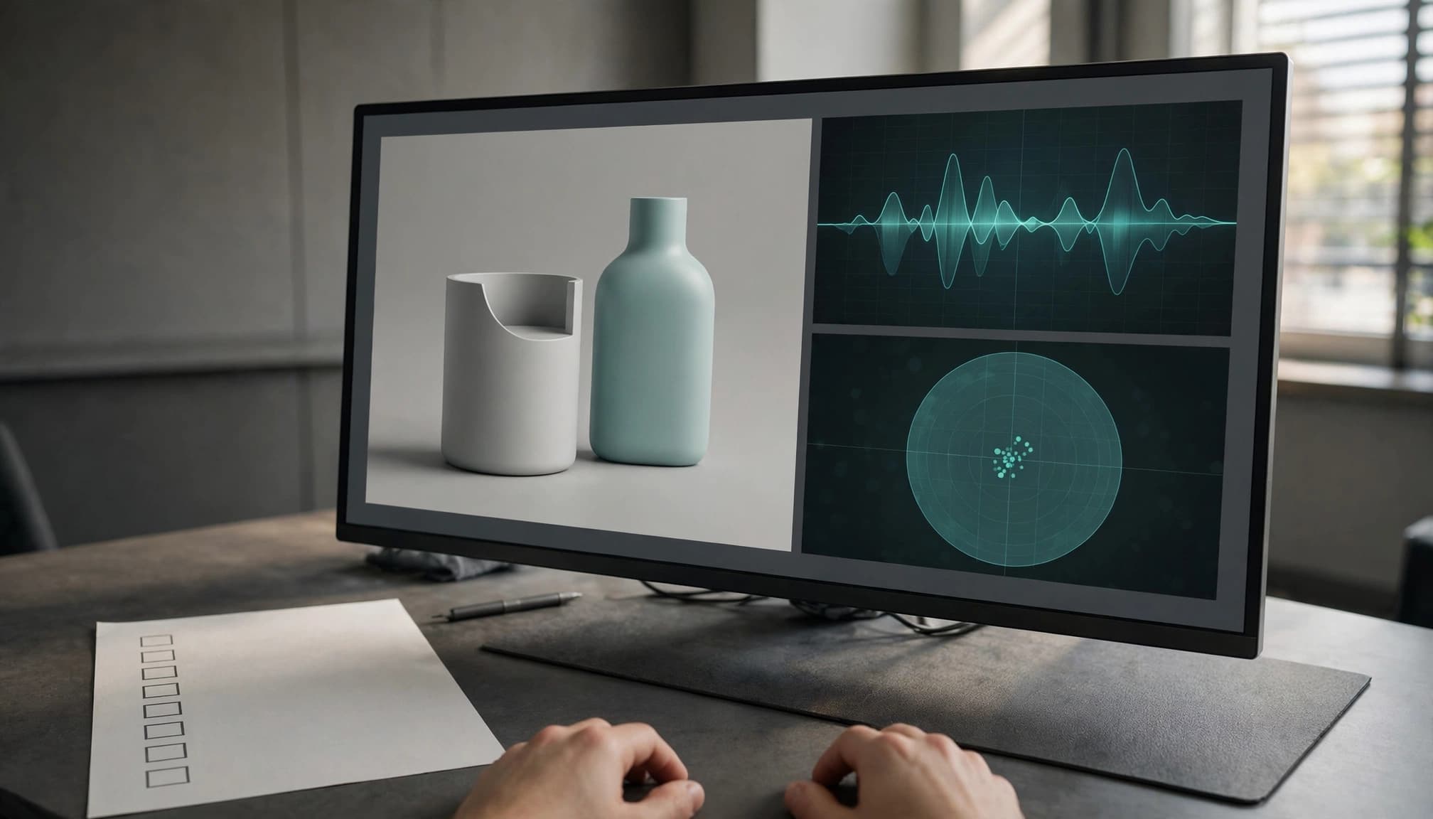 A person's hands rest on a desk in front of a large monitor showing video editing scopes and product renders.
