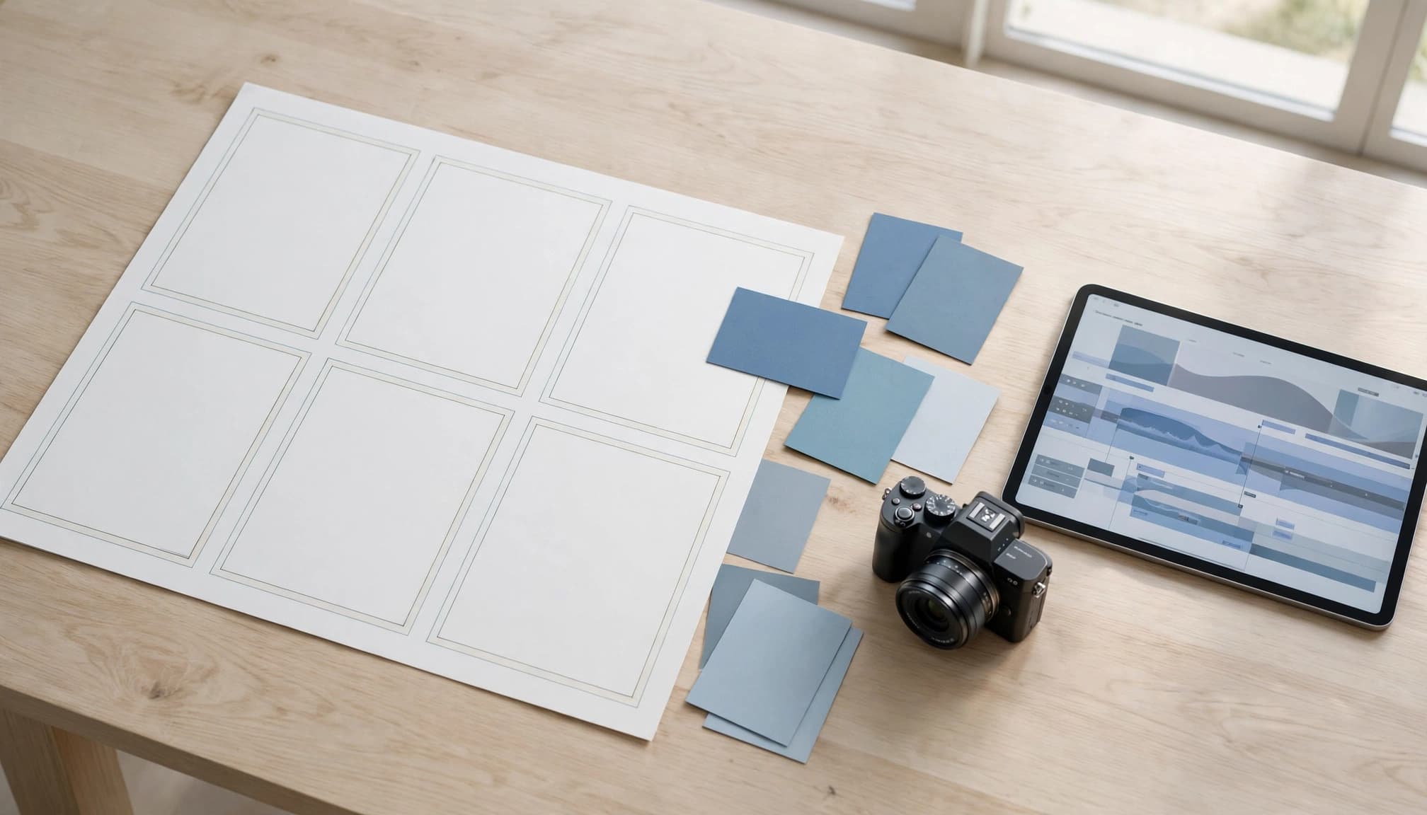 A storyboard, blue shot cards, a camera, and a tablet with an abstract timeline on a wooden table.