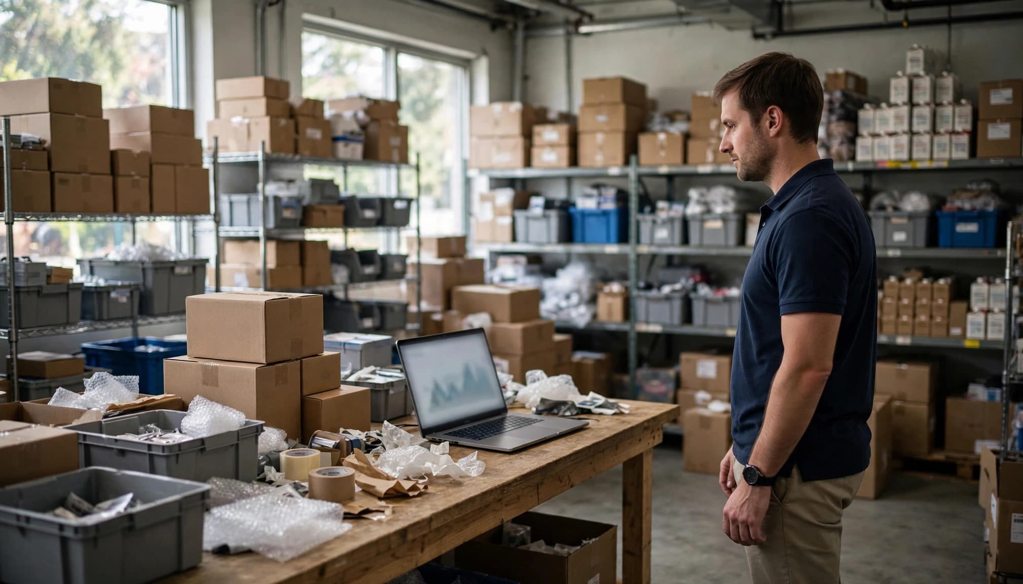 A manager reviews a laptop beside cartons and warehouse shelving.