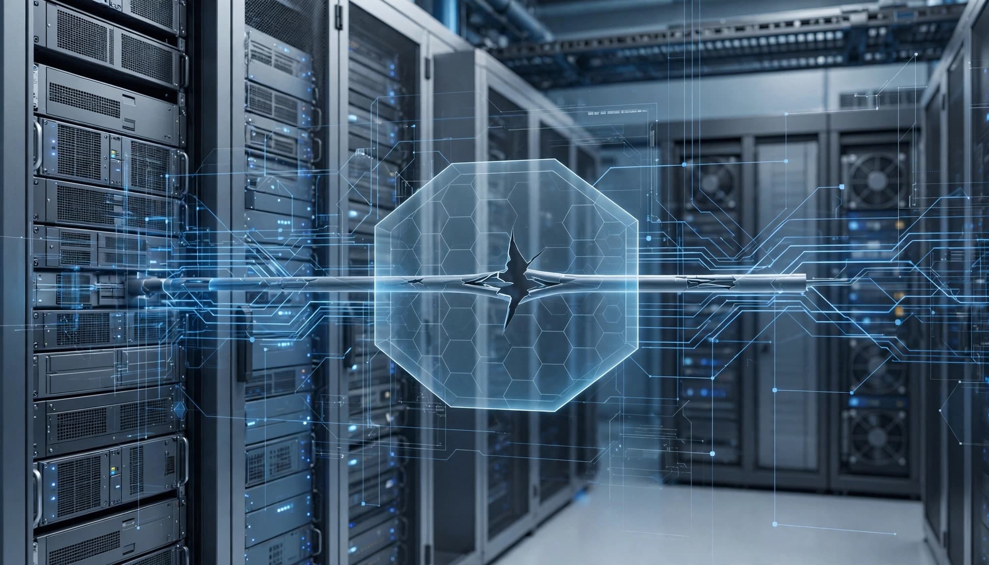 A server room with server racks and a digital network overlay isolating a damaged connection.