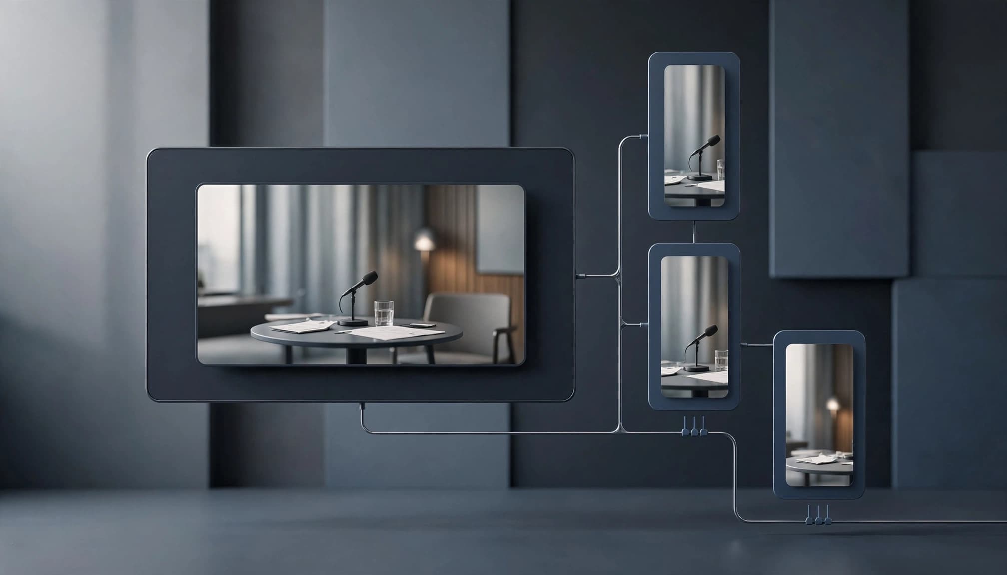 A large widescreen video frame connected by lines to three vertical previews in a modern studio.