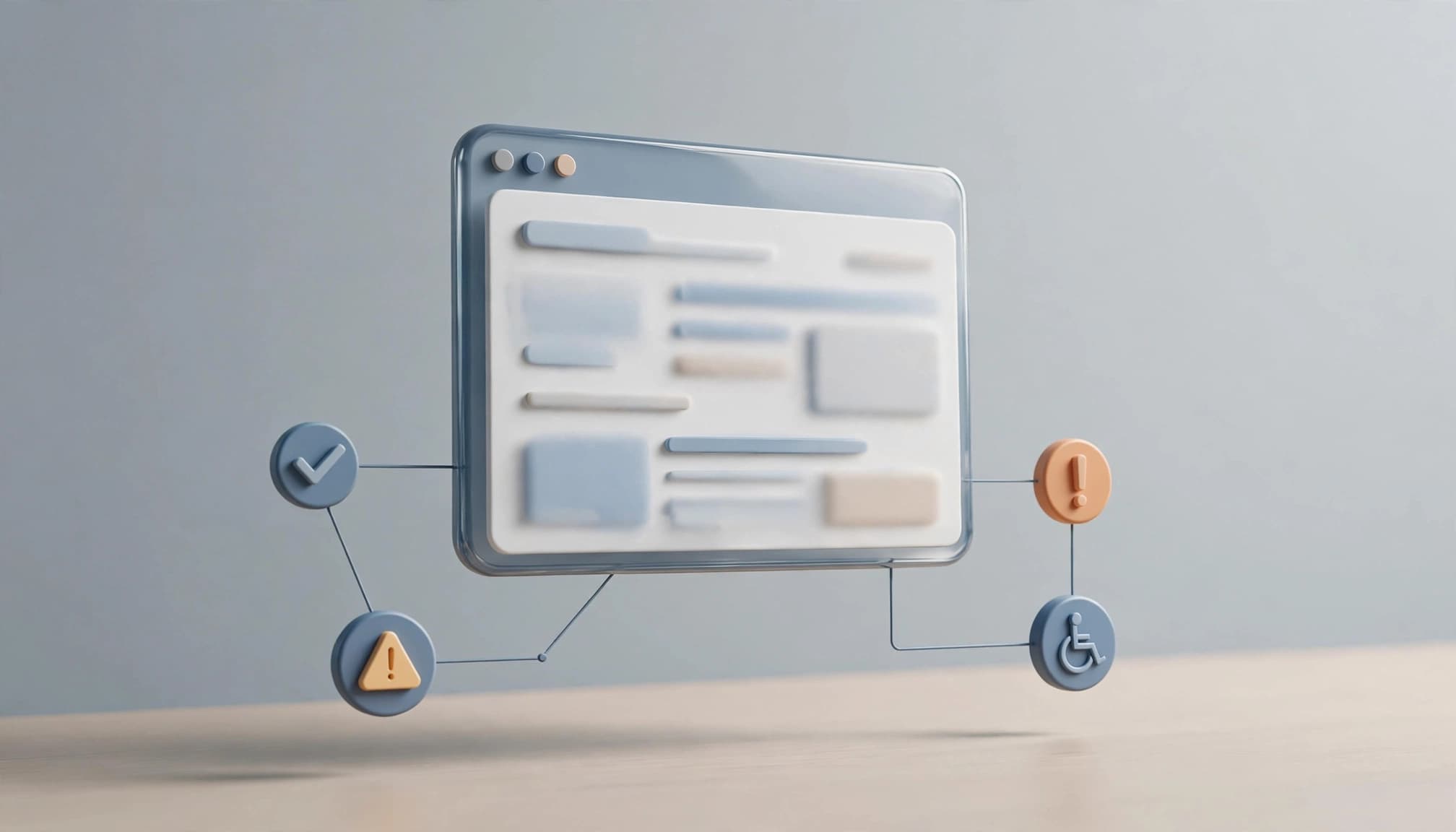 Best AI Accessibility Auditing Tools for Small Teams 1 A 3D visualization of a floating browser window connected to various UI accessibility issue markers.