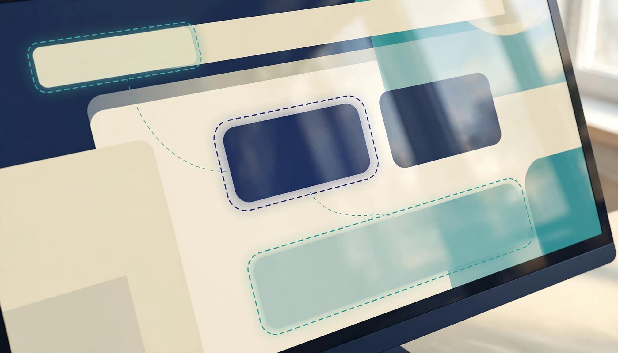 Best AI Accessibility Auditing Tools for Small Teams 2 A close-up view of a monitor showing a website layout with dashed focus outlines and connected interface elements.