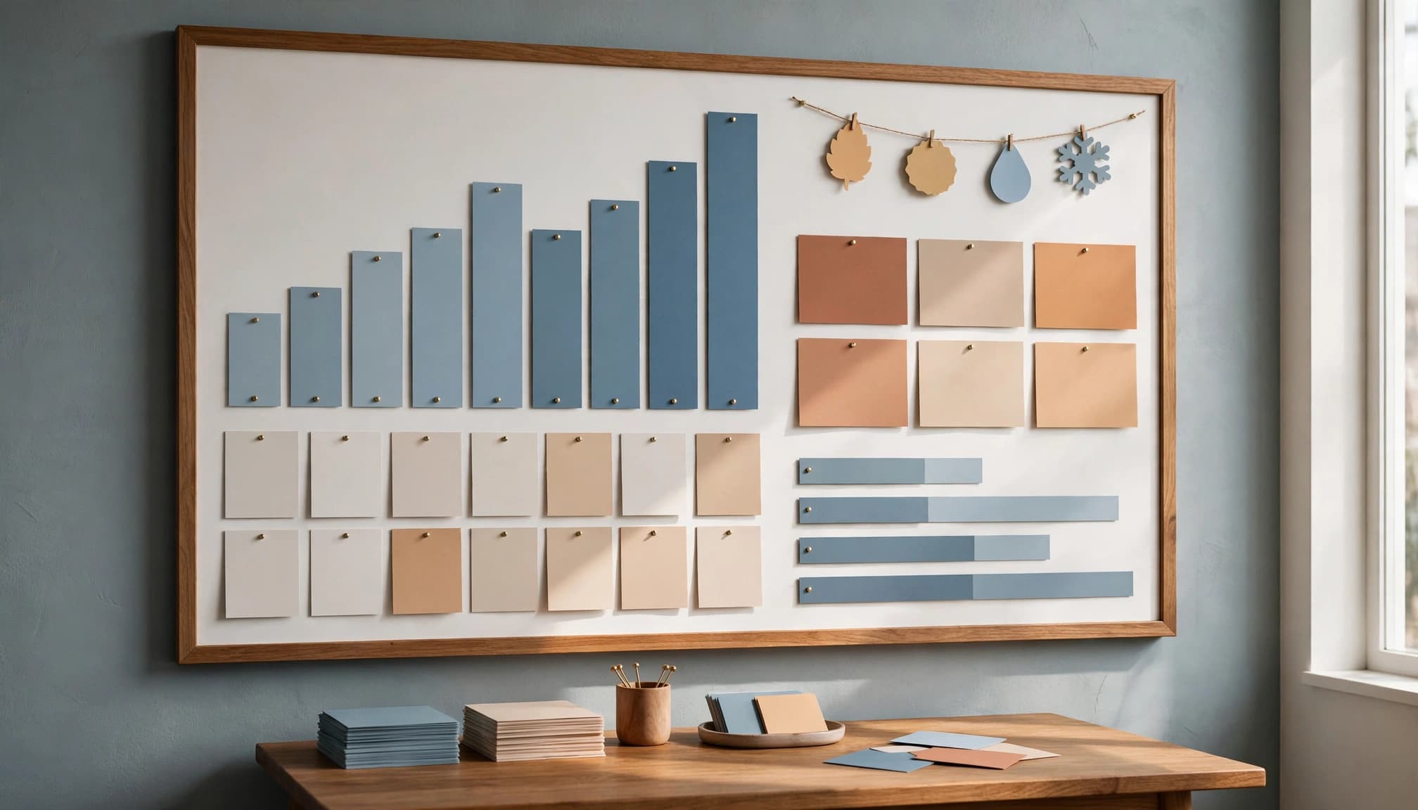 A wall board with sales cards, seasonal markers, and marketing spend bars.