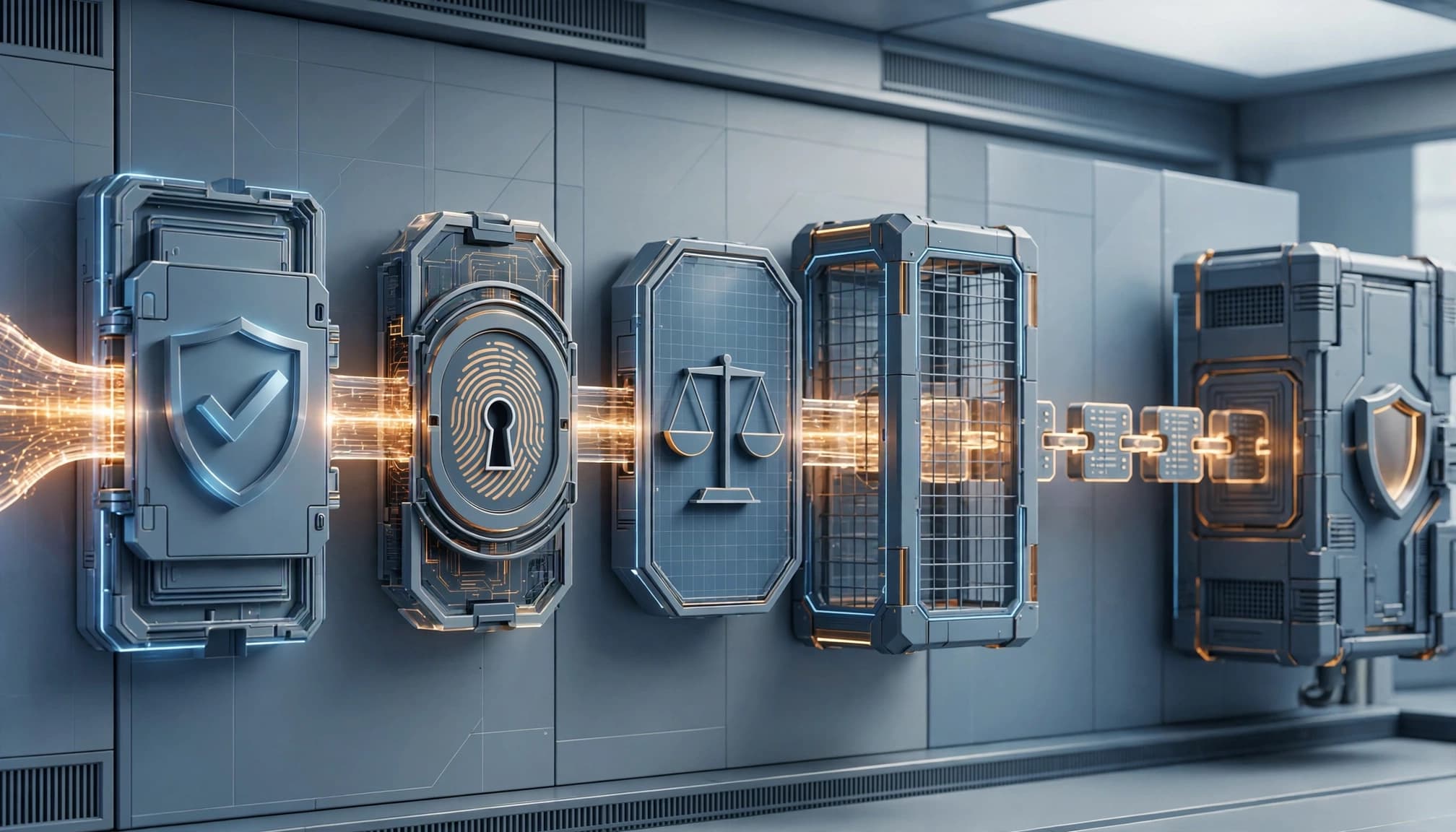 A command path passes through five security checkpoints before reaching a protected data system.