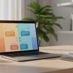 Photorealistic wide banner featuring a laptop with split-screen chat interfaces for two AI assistants, surrounded by productivity items in a modern home office.