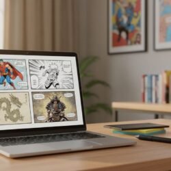 Photorealistic laptop on a AI Comic Factory studio desk showing a comic page with four panel styles, with a pen tablet, coffee mug, and soft window light in the background.