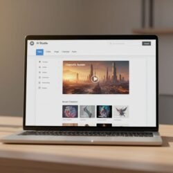 Ilustration screenshot-style mockup of a OpenArt AI content platform dashboard featuring tabs for Video, Image, Character, and Audio, set against a blurred workspace background with a laptop and potted plant.