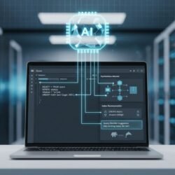 Photorealistic 16:9 feature banner depicting a laptop with SQL query editor, EXPLAIN plan visualization, index recommendations, and query rewrite suggestions for PostgreSQL and MySQL, featuring a holographic AI brain overlay on a professional office background. ai query optimizer