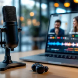 Close-up of a condenser microphone and laptop showing live multilingual captions and waveform, representing real-time AI speech transcription Alibaba Qwen