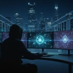 A photorealistic banner depicting a best ai cybersecurity analyst at a desk with multiple monitors showing threat maps and data flows, set against a modern data center and city skyline with binary overlays.