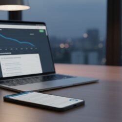 Photorealistic scene of a smartphone showing a blurred page of Wikipedia traffic decline beside a laptop with a downward analytics chart, plus a search result with an AI summary box, at a dusk-lit desk.