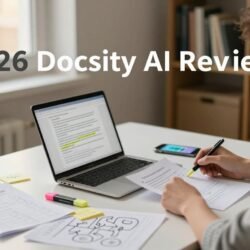 Photorealistic wide landscape of a student in a cozy modern study nook reviewing printed notes at a laptop desk, with study props like highlighter, sticky notes, quiz sheet, concept map, and smartphone suggesting AI voice transcription, in soft golden-hour light. Docsity AI.