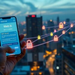 Futuristic city with digital agents and blockchain data streams, symbolizing Fetch AI automation