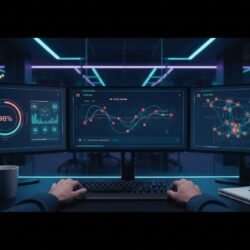 Photorealistic wide banner image of FortiAI cybersecurity operations center with ultra-wide monitors showing a sleek AI security dashboard in dark theme, including risk scores, attack timeline, and network map. Foreground features a SOC analyst's hands on a keyboard beside a coffee mug and notepad, with dim cool lighting and neon blue accents in the background.