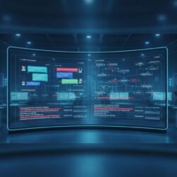 Photorealistic wide banner of a modern security operations center with a large curved screen displaying chat conversations, security alerts, and data flows for an AI chatbot security. Background shows engineers in a dimly lit professional office with realistic cinematic lighting in cool blue and teal tones.