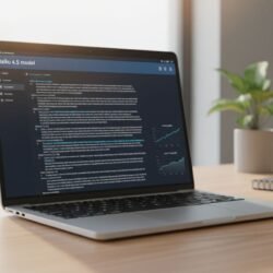 Photorealistic hero image of a sleek laptop on a wooden desk displaying a generic Claude Haiku 4.5 AI dashboard with chat interface and performance graphs, in a modern workspace with natural lighting.