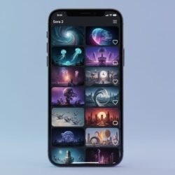 A vertical smartphone UI mockup showcasing the Sora 2 iOS app as an AI-native social feed with looping AI videos, remix icon, like and comment icons, rendered in a clean product style against a minimal gradient background.