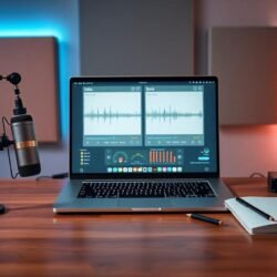 hotorealistic studio desk with laptop showing Udio vs Suno interfaces, microphone, headphones, and soft blue-amber lighting.