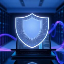 Photorealistic holographic shield over laptop with blue and violet data streams, representing VaultGemma’s privacy-first AI